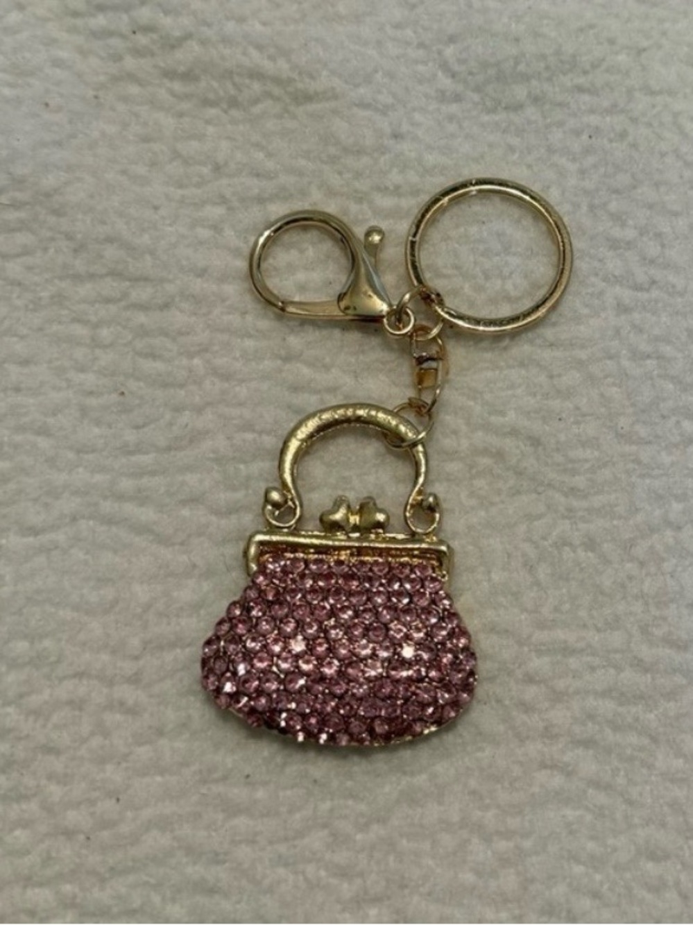 Pink Crystal Rhinestone Purse Bag Charm & Keychain Gold Tone Dual Sided